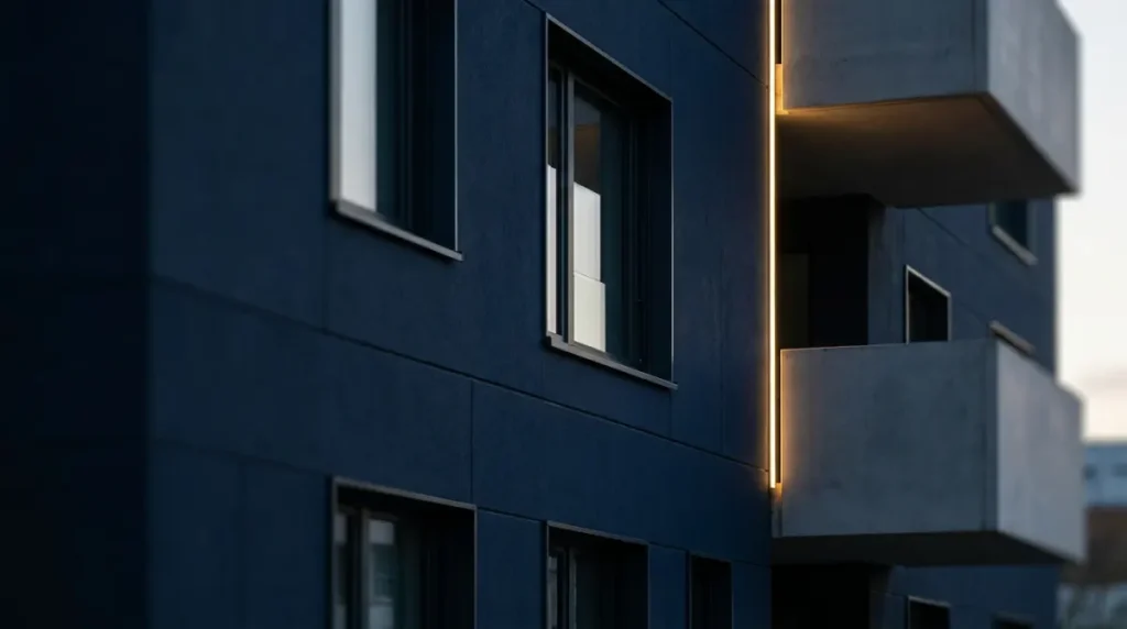Fassade eines modernen Wohnhauses im Abendlicht als Sinnbild für die langfristige Immobilienfinanzierung