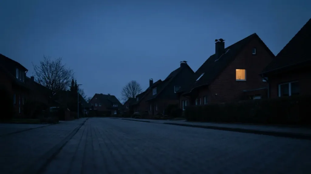 Ruhige deutsche Wohnstraße in der Dämmerung mit einem beleuchteten Fenster