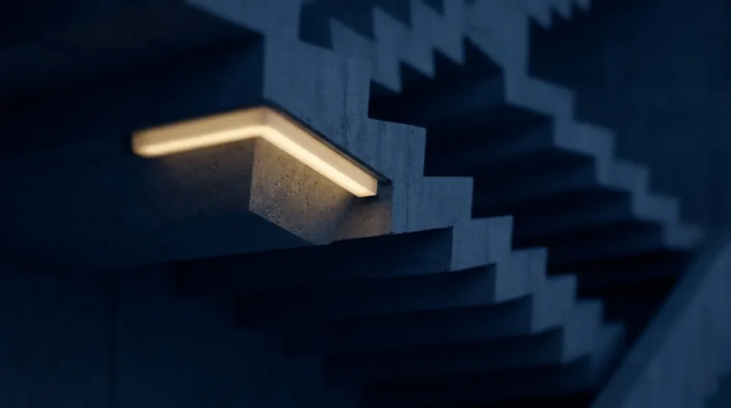 Betontreppe von unten fotografiert mit gleichmäßig wiederkehrender Geometrie