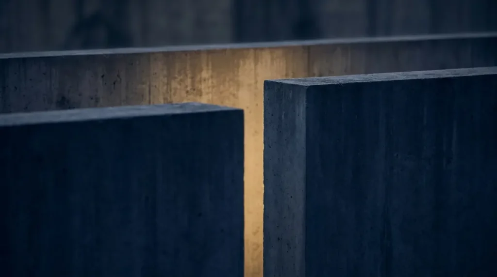 Zwei parallele Betonwände unterschiedlicher Höhe mit einem schmalen Lichtspalt dazwischen