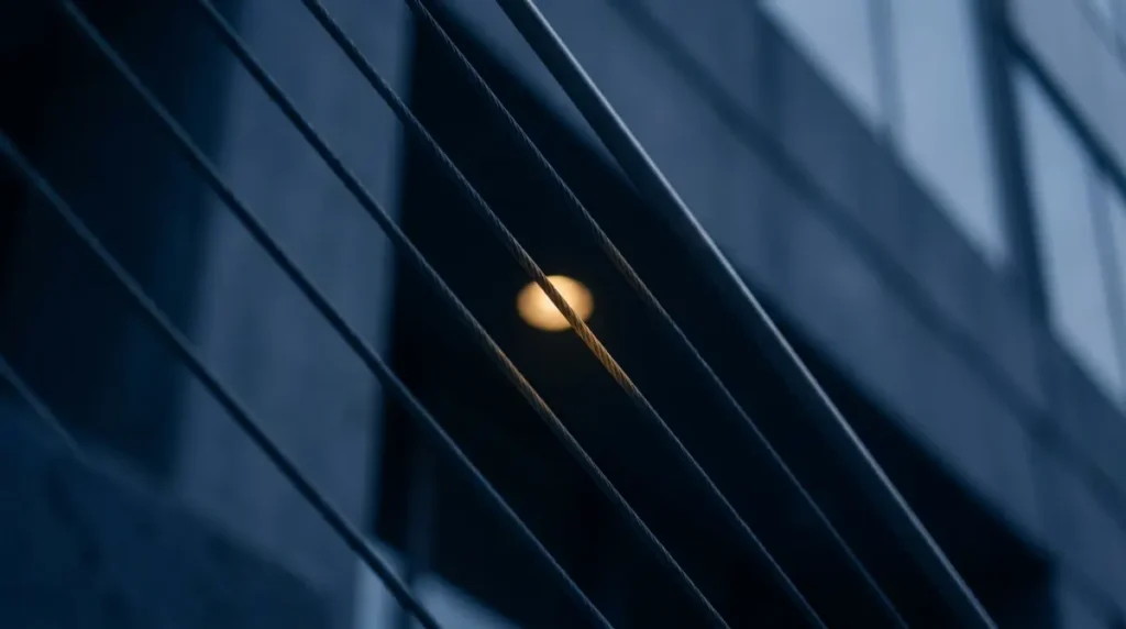 Dünne parallele Stahlseile eines Geländers, die diagonal ansteigen