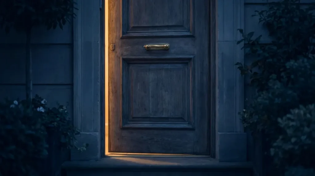 Geschlossene Haustür eines deutschen Wohnhauses mit warmem Licht am Rahmen