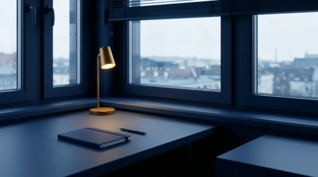 Ruhige Schreibtischecke am Fenster mit geschlossenem Notizbuch