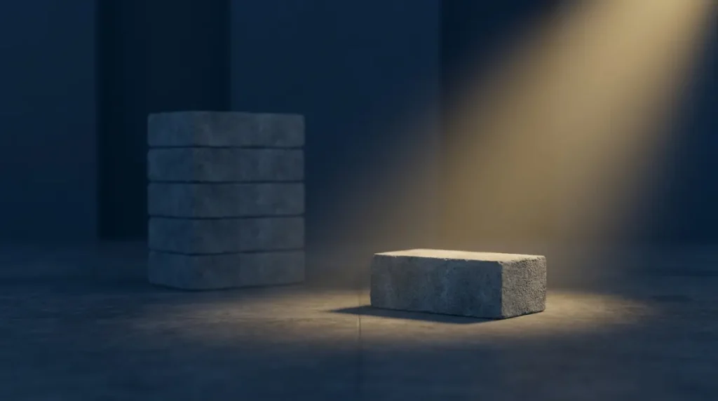 Einzelner Betonblock neben einem ordentlichen Stapel gleicher Blöcke