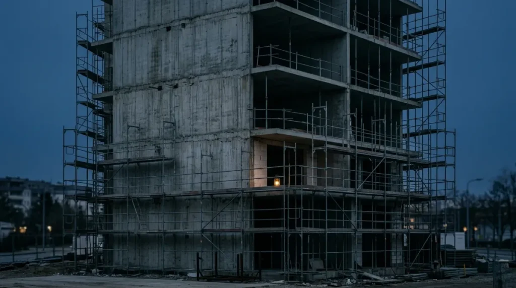 Unfertiger Betonrohbau mit Gerüst